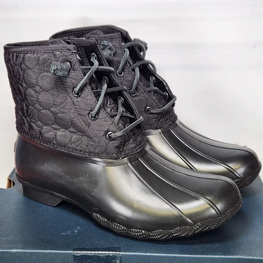 Sperry Saltwater Duck Boots Womens Size 10 Wide Black Quilted Nylon STS88944
